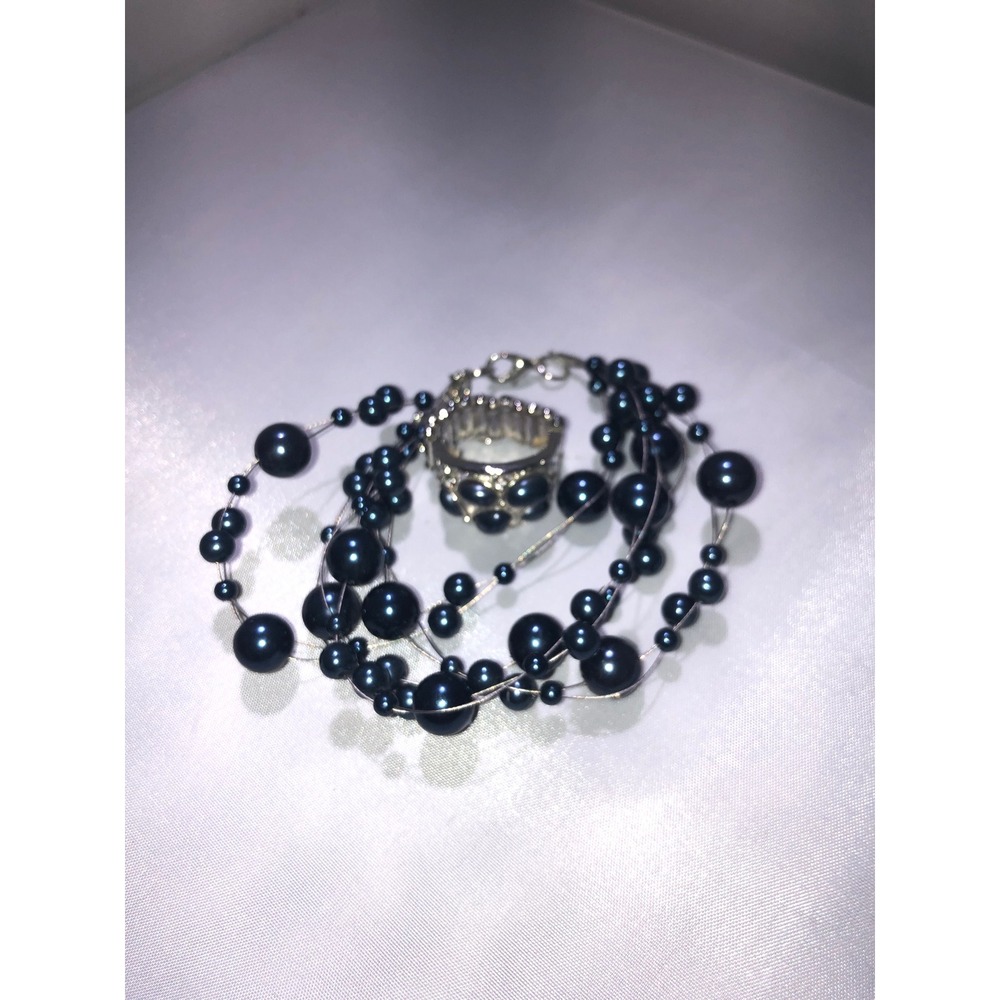 Paparazzi Navy Blue Floating Pearl Multi Strand Necklace and Matching Ring Set